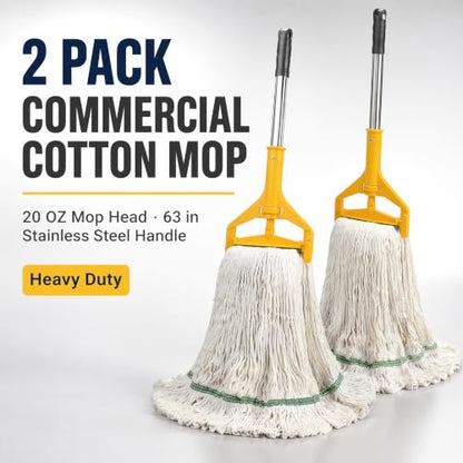 2 Pack 20 Oz Commercial Cotton Mop with 63” Stainless Steel Handle, Heavy Duty Industrial Wet Mop for Floor Cleaning, Commercial Grade Mop for Home, Office, Garage, Tile & Hardwood Floors