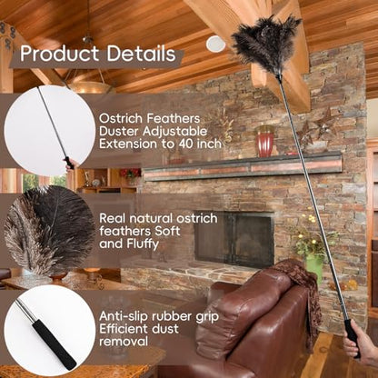 THARAHT Extendable Ostrich Feather Duster up to 16-47 inches Fluffy Feathers Long Handle Reusable for Cleaning Ceiling Fan Pendant lamp High Ceiling Blinds Furniture Feather Duster - size: 16-47inch
