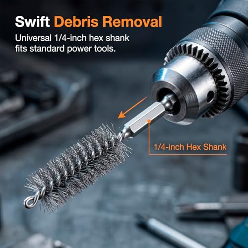 QWORK Bore Brush 24 Pcs Set for Drill, Stainless Steel Wire Cleaning Brushes with 1/4 Inch Hex Shank, Multi-Size Bore Cleaning Tools for Rust Removal, Tube and Pipe Cleaning 8/10/12/15/17/19mm