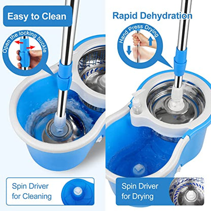 Mop and Bucket with Wringer Set, Separate Dirty Water with 3 Microfiber Replacement Mop Head Refills, 61" Stainless Steel Adjustable Handle for Floor Cleaning, (Mop Bucket 20QT) - color: Blue