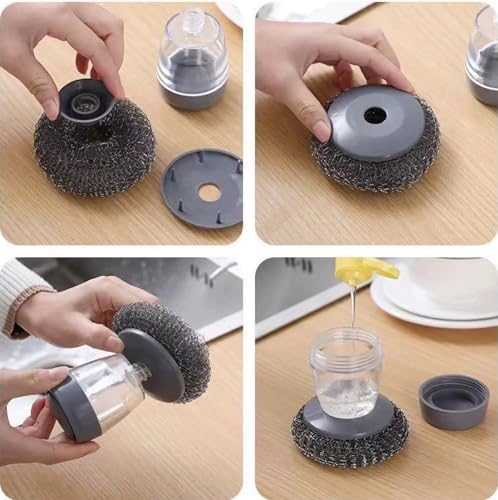 Dish Brush with Soap Dispensing, 2 Pack Kitchen Brush with Holder for Pot Pan Dish Stove Grill Sink Bathtub Tile Household Cleaning, Scrubber Press Automatic Liquid Wash Pots, with 3 Replacement Pads - color: Grey - Plastic+pet