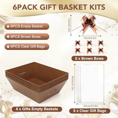 6PACK Baskets for Gifts Empty, 10x12”Thick Brown Gift Basket with Handles 6 Bows 6 Bags Empty Gift Baskets for Christmas Thanksgiving Wedding Birthday Party Wrapping Gift - color: 6PACK Brown