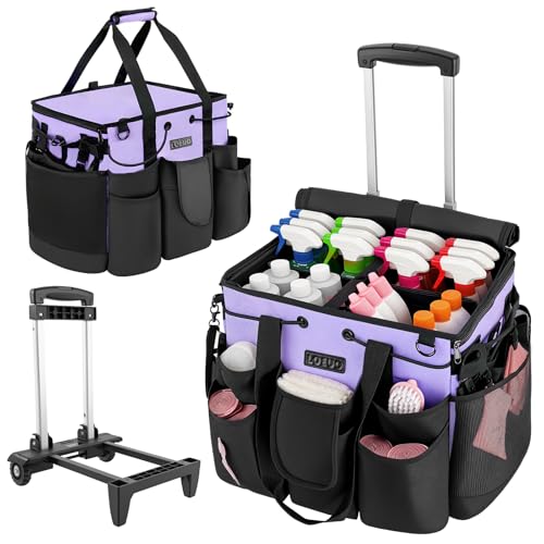 LOEUO Large Cleaning Caddy for Cleaning Supplies Organizer, Rolling Cleaning Caddy Bags with Wheels for Housekeepers, Cleaning Carts on Wheels for Home Car Office Picnic - color: Black-purple