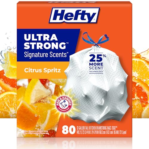 Hefty Ultra Strong Signature Scents 13 Gallon Trash Bags, Citrus Spritz Scent, Tall Kitchen Trash Bags with 25% More Scent Technology, White, 80 Count - style: Citrus Spritz