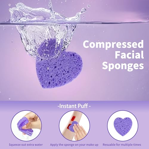 100-Count Compressed Facial Sponges, Heart Shape Face Sponge for Cleansing, Natural Cosmetic Spa Sponges for Facial Cleansing, Exfoliating Mask (Purple Heart Sponges) - color: Purple