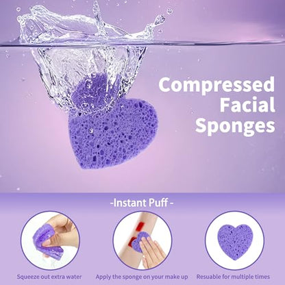 100-Count Compressed Facial Sponges, Heart Shape Face Sponge for Cleansing, Natural Cosmetic Spa Sponges for Facial Cleansing, Exfoliating Mask (Purple Heart Sponges) - color: Purple