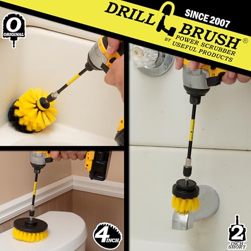 Medium Stiffness Power Scrubber Brush Set with Extension - Bathroom Scrubber Brushes - Scrub Brushes for Shower - Drill Scrub Brush Attachment - Tub Cleaner - Shower Door - Bathroom Mirror - color: Yellow
