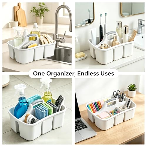 5 Gal Large Cleaning Caddy with Handle, White Plastic Cleaning Supplies Organizer with Compartments, Portable Shower Caddy for Dorm and Bathroom, Heavy Duty Utility Tote for Housekeeping