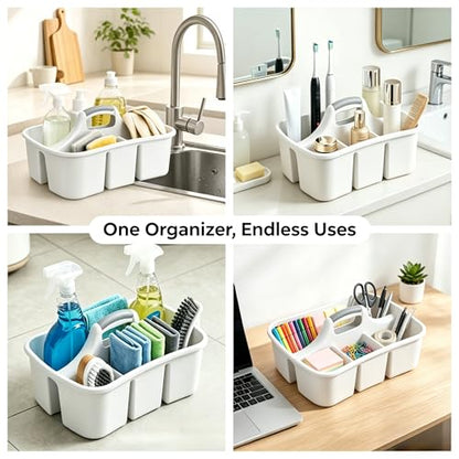 5 Gal Large Cleaning Caddy with Handle, White Plastic Cleaning Supplies Organizer with Compartments, Portable Shower Caddy for Dorm and Bathroom, Heavy Duty Utility Tote for Housekeeping