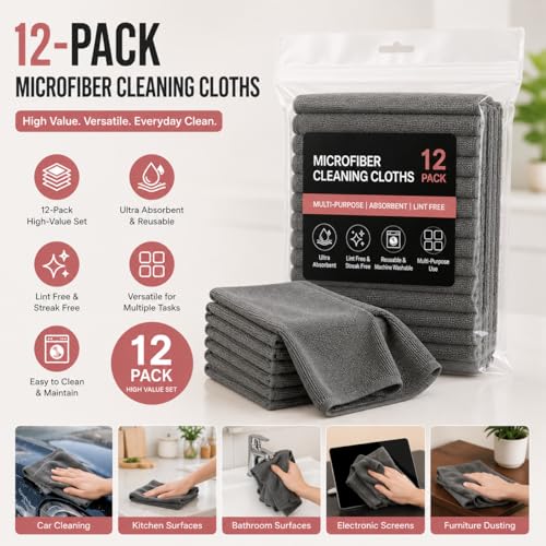 12 Pack Microfiber Cleaning Cloth, Ultra Absorbent Reusable Towels, Lint Free Streak Free Cleaning Rags for Car, Kitchen, Window, Home (Grey)