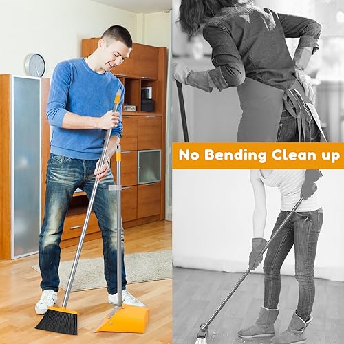 Broom and Dustpan Set with Long Handle 52", Standing Broom and Dust Pan Set for Home Kitchen Room Office Lobby Yellow - color: Yellow