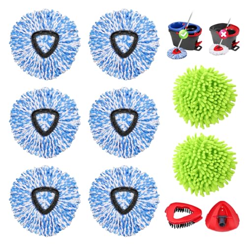 Spin Mop Replacement Heads 8 Pack Compatible with OCedar RinseClean 2-Tank System, Microfiber Mop Refills 6 Blue 2 Green, Scrub Brush and Mop Base,Floor Cleaning Kits - color: 6 Blue+2green+1 Base+1brush