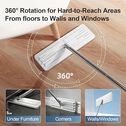 JOYMOOP Mop and Bucket Set for Floor and Wall Cleaning, Commercial and Household Use, Flat Mop System with 60" Dual Mops + 8 Pads - color: White Max582