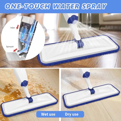 HOMTOYOU Microfiber Flat Mop with Sprayer: Spray Mop with 4 Washable Pads | Cleaning Multi-Surface Floors, 1Pcs 400+ML Refillable Bottle, Wet Dry Use, 360° Swivel Head, White - color: White Blue