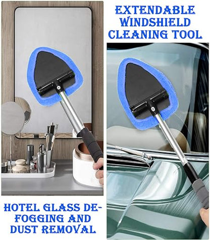 Car Windshield Cleaner Tool with Reusable Microfiber Pads Extendable Handle(1, Blue) - color: Blue