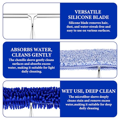 Shower Squeegee for Glass Doors, 2-in-1 Professional Window Cleaner Tool with Extension Pole, 14" Wide Window Washing Equipment for High Outside Glass, Solar Panels, Shower & Car Windshield
