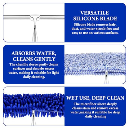 Shower Squeegee for Glass Doors, 2-in-1 Professional Window Cleaner Tool with Extension Pole, 14" Wide Window Washing Equipment for High Outside Glass, Solar Panels, Shower & Car Windshield