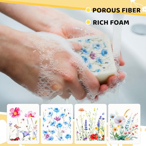Chengu 12 Pcs Kitchen Dish Sponges - Wildflowers Printed Compressed Cellulose Sponges - Non-Scratch Reusable Household Cleaning Sink Sponge for Kitchen Dishes Bathroom Cars - style: Wildflower