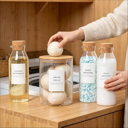 Glass Laundry Detergent Dispenser Set with Cork Lids, Fabric Softener Dispenser, Easy Pour 3 Pack Laundry Bottles, Liquid Detergent Containers, Scent Booster & Bleach Container for Laundry Room - size: 3 Bottles