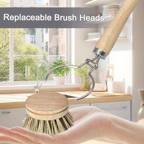 Wooden Dish Brush Set, 4 Natural Bristle Replacement Heads with 1 Sturdy Wooden Handle, Palm Kitchen Scrub Brush for Pots, Pans, Vegetables and Cookware - size: Hard