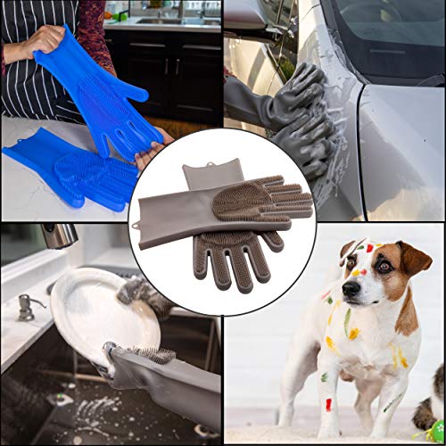 TwoMagic Silicone Pet Brush/Gloves. Silicone reusable cleaning brush, gloves with thick bristles scrubber for hair removal pets, dogs, cats, Glove Latex Free, ECO-FRIENDLY. Color GRAY.