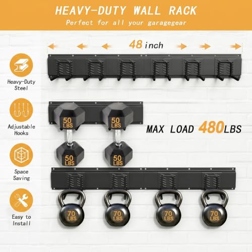 CBWLWJ 48'' Garage Tool Organizer Wall Mount - Heavy Duty 480 lbs Capacity Tool Rack with 6 Adjustable Straight Hooks, Wall Mounted Storage System for Garage, Shed, Workshop (Black) - size: 48inch+6Straight Hooks