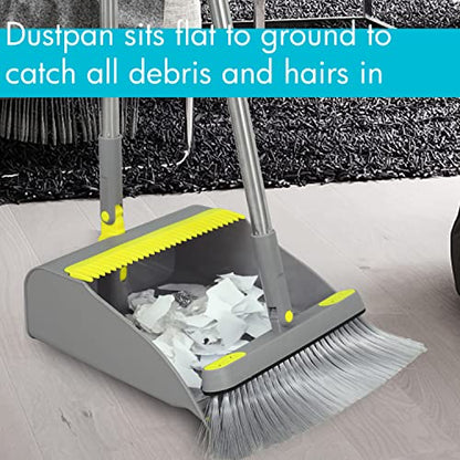 2-Pack Broom and Dustpan Combo Set, 48" Long Adjustable Handle Stand Up Dustpan with Self-Cleaning Teeth, Ideal for Home, Office, Kitchen, Indoor & Outdoor Use, Grey