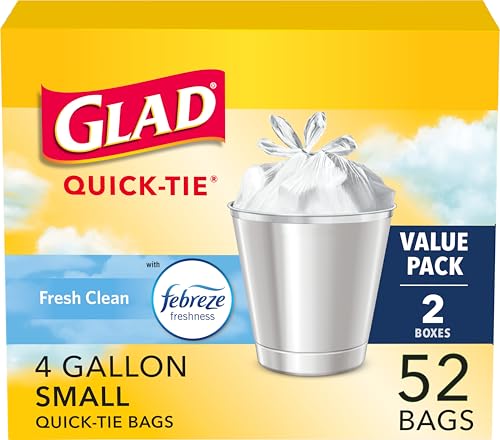 Glad OdorShield Small Quick-Tie Trash Bags, Fresh Clean Scent, 4 Gallon, 52 Ct (Package May Vary)