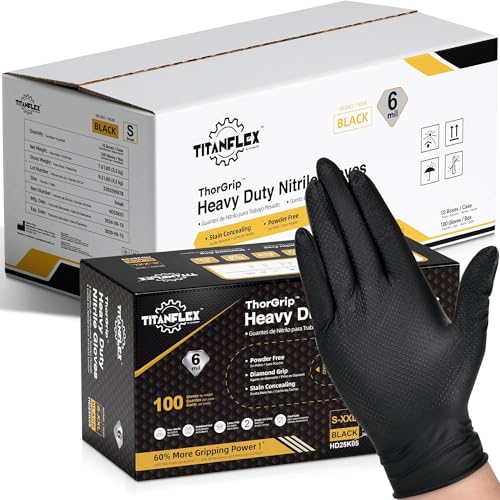 TitanFlex Heavy Duty Black Industrial Nitrile Gloves with Raised Diamond Texture, Latex Free (6mil/8mil) - color: 05 6mil (1000ct), size: Small
