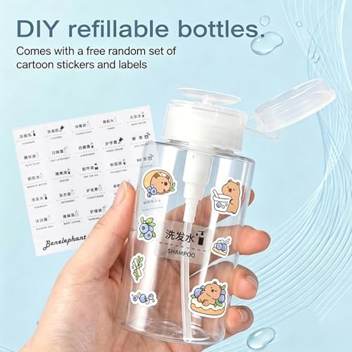 100ml Push Down Pump Dispenser Empty Bottles,Leak-Proof Wide Mouth Refillable Clear Containers with 1 Cartoon Sticker and 1 Label Each for Rubbing Alcohol Nail Polish Makeup Remover Water Toner