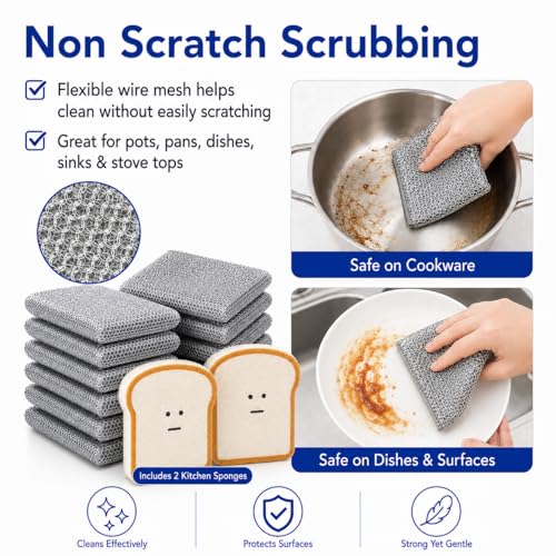 Non Scratch Wire Dishcloths 8 Pack with 2 Kitchen Sponges, Reusable Double Layer Wire Cleaning Cloths for Pots, Pans, Dishes, Sinks and Stove Tops - color: 8+2 Set