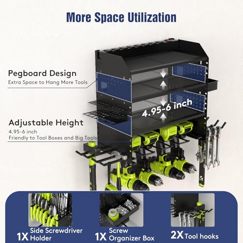 Heavy Duty Power Tool Organizer Wall Mount with Charging Station, 4 Layer Garage Storage Adjustable Shelves Height, Holds 4 Drills, 2 Hooks, Screw & Screwdriver box, Gifts for Fathers Day, Anniversary - color: Black