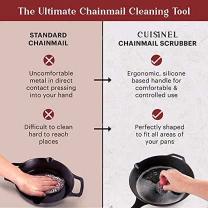 Cuisinel Cast Iron Chainmail Scrubber + Pan Scraper - The Patented Original Ergonomic Stainless & Silicone Pot & Skillet Cleaner - Premium Food-Safe Design - Easy Clean Dishwasher Safe Cookware Sponge - color: Red, size: Standard