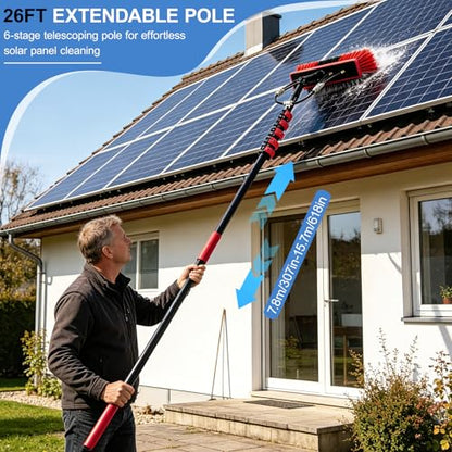 26Ft Reach Solar Panel Cleaning Brush Kit, Window Cleaner Tool with 6-Stage 5-26ft Pole, Professional Telescopic Solar Panel Cleaning Equipment for Snow Removal (5-26FT)