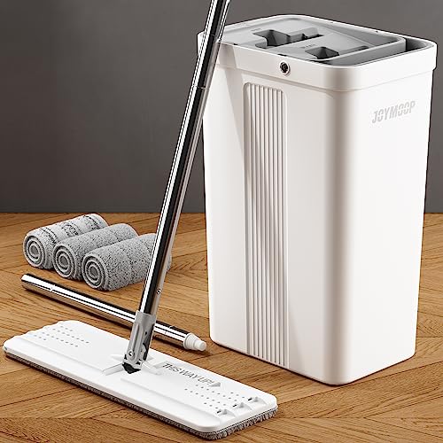 JOYMOOP Flat Mop System, Microfiber Mop and Bucket Set, White, Household & Commercial Floor Cleaning Mop with Long Handle, Includes 3 Microfiber Pads - color: White Standard2431
