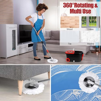 Spin Mop and Bucket with Wringer Set on Wheels, 360 Spinning Mop with Stainless Steel Handle for All Hard Surfaces, Floor Cleaning System with 3 Microfiber Replacement Heads, Black/Red - color: Black/Red