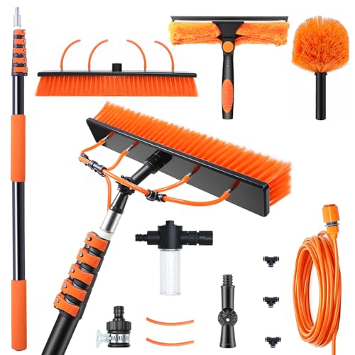 Solar Panel Cleaning Kit with 5-20ft Telescoping Pole, Water Fed Pole Window Cleaning System with Soap-Dispenser, Brush, 11″Squeegee & Cobweb Duster for Snow Removal, Windows, RVs, Decks - size: 5-20ft
