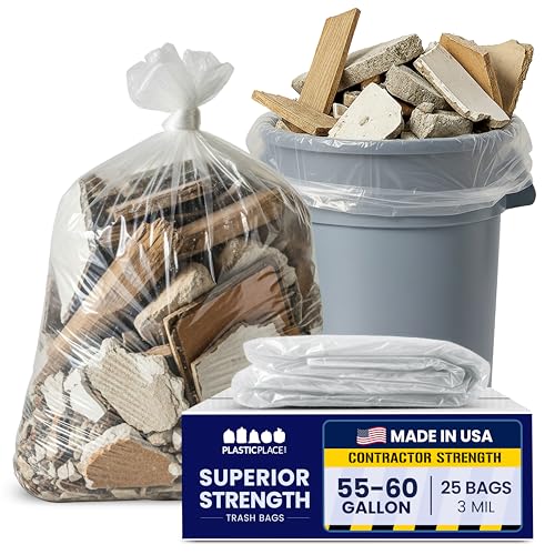 Plasticplace Contractor Trash Bags 55-60 Gallon - 3.0 Mil, Clear Heavy Duty Garbage Bag 38" x 58" (25 Count) - color: Clear, size: 25 Count (Pack of 1)