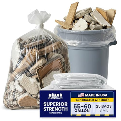 Plasticplace Contractor Trash Bags 55-60 Gallon - 3.0 Mil, Clear Heavy Duty Garbage Bag 38" x 58" (25 Count) - color: Clear, size: 25 Count (Pack of 1)