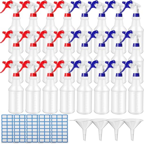 Zubebe 24 Pack 32 oz Plastic Spray Bottle Bulk Empty Leakproof Heavy Duty Spray Bottles for Cleaning Supplies Mist Bottles with Label and Adjustable Nozzle for Plant(Red, Blue,Clear Scale) - color: Red, Blue, style: Clear Scale