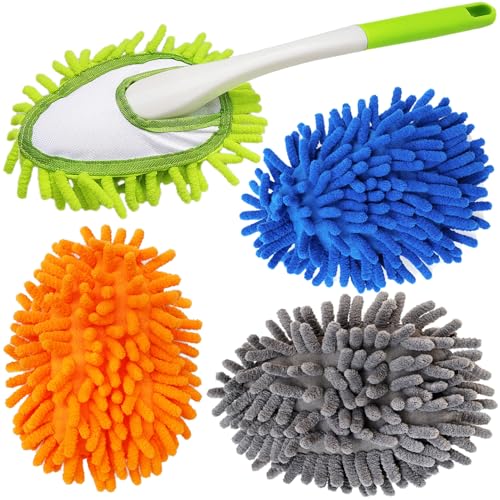 Microfiber Feather Duster,13 Inch Length, with 4 pcs Washable Cloth, Car Duster, Perfect for Cleaning Windows, Tables, Cars,Furniture, Keyboards, Fans, Screens,Mirrors