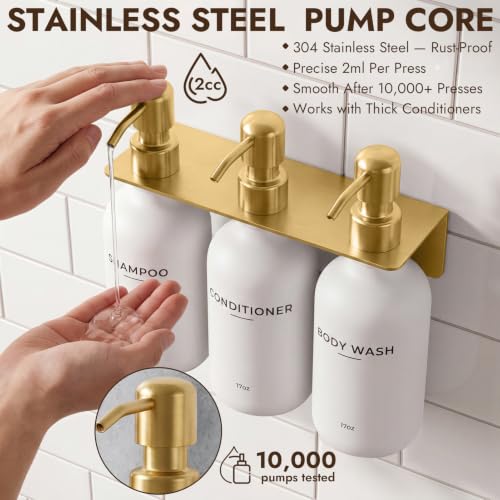 KOUCHU Shampoo and Conditioner Dispenser - Wall Mounted Shower Soap Dispenser - 17oz No-Drill Refillable Plastic Bottles with Stainless Steel Pump for Bathroom - Includes Soap Dish and Hook (Gold) - color: Gold
