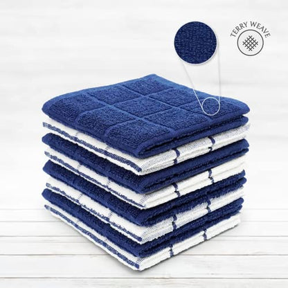 100% Cotton Terry Dish Cloth & Dish Towel, 8 Pack, Super Soft and Absorbent Kitchen Towels, Perfect for Kitchen Cleaning and Dish Washing (Navy (Solid and Check) 8 Pack) - color: Navy (Solid and Check) 8 Pack