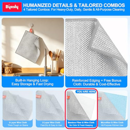 Non-Scratch Silver Mesh Dish Cloths, 12+1 Pack Bamboo Fiber & Wire Metallic Fiber Cleaning Cloths for Kitchen, Diamond Weave Scrubber Pads for Dishes, Sinks & Cookware (7.87x7.87 Inches) - style: Bamboo & Silver Mesh