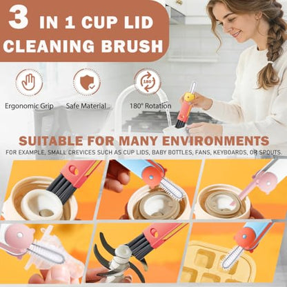 3 in 1 Cup Lid Cleaning Brush, Multifunctional Crevice Gap Cleaner for Tumbler Water Bottle Lid, Deep Clean Tool for Home Kitchen, Red Blue White（3 PCS） - color: Red, Blue, White(bear)