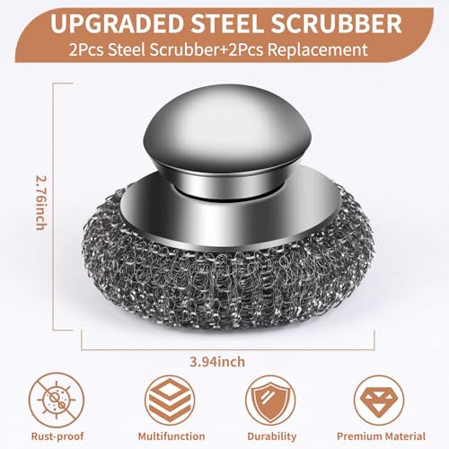 4pcs Steel Wool Scrubber with Replacement Wire Sponge Pads Set, Stainless Steel Scrubber with Handle for Scouring Stubborn Messes from Cast Iron, Pots, Pans, Grill, Stoves, Sink(2 Scrubber+2 Pads)
