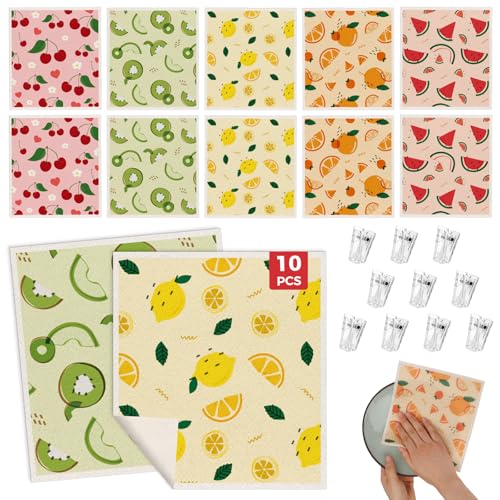 wlich 10PCS Swedish Dishcloths for Kitchen, Reusable Paper Towels Washable, Dish Rags for Washing Dishes with Clips, Non-Scratch Kitchen Towels and Dishcloths Sets, Dish Cloths, No Odor(Fruit) - color: Fruit, size: 10PCS