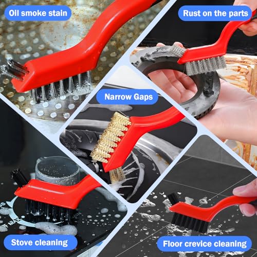 Wire Brush Set, 6 Pcs Brass/Stainless Steel/Nylon Wire Brushes for Cleaning with Curved Handle Grip for Rust Removal, Dirt, Paint Scrubbing - style: Red-6pcs