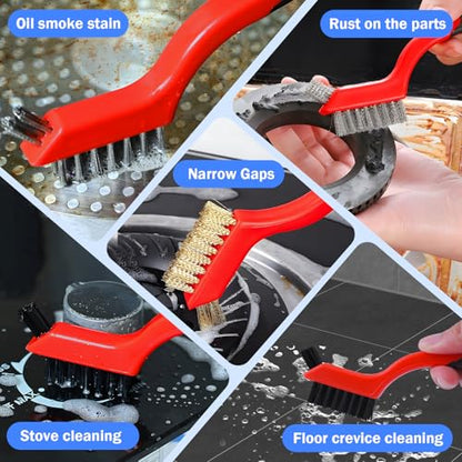 Wire Brush Set, 3 Pcs Stainless Steel/Brass/Nylon Wire Brushes for Cleaning with Curved Handle Grip for Rust Removal, Dirt, Paint Scrubbing(Red) - style: Red-3pcs