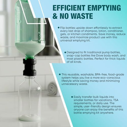 Last Drop Bottle Emptying Kit – BPA-Free Connector Fits Most Plastic Bottles – Get Every Drop of Soap, Shampoo, Lotion, Honey & More – No Waste, Easy 1-Pack